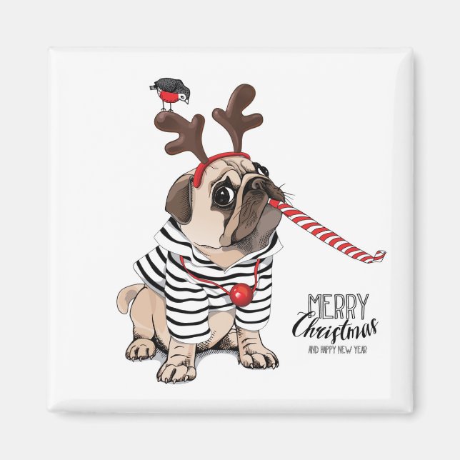 Merry Christmas | Pug Reindeer Magnet (Front)