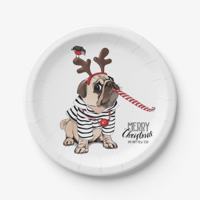 Merry Christmas | Pug Reindeer Paper Plate (Front)