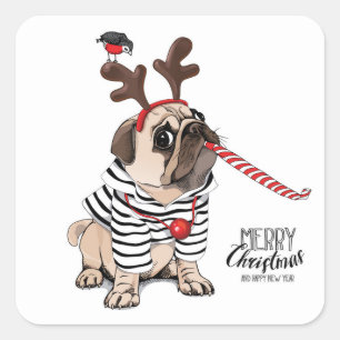 Merry Christmas Pug Reindeer Square Sticker