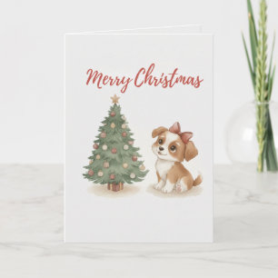 Merry Christmas Puppy Card Cute Dog with Tree