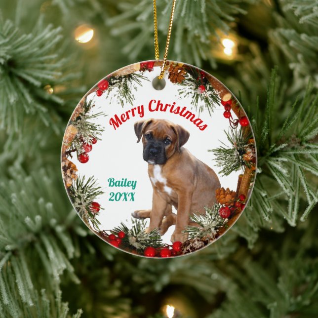 Merry Christmas Puppy Dog Personalized Ceramic Tree Decoration (Tree)