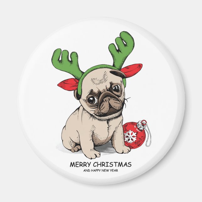 Merry Christmas Puppy Pug Magnet (Front)