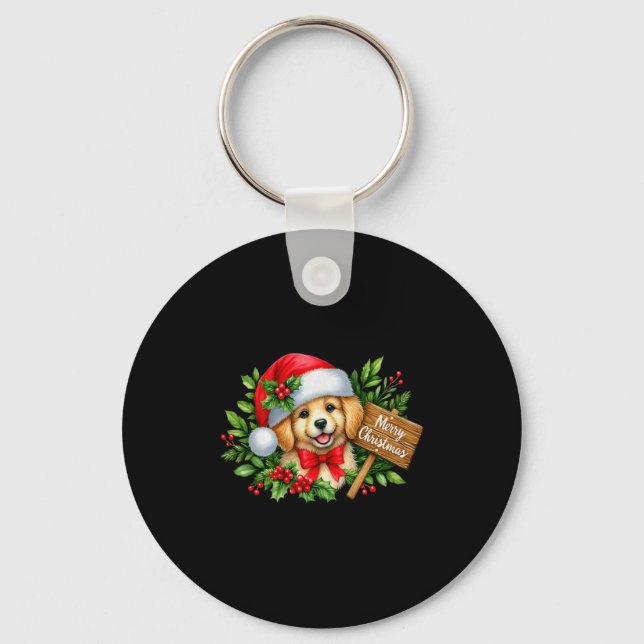 Merry Christmas Puppy Santa Hat Holly Sign Premium Key Ring (Front)