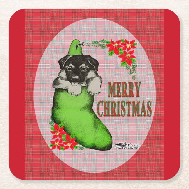 Merry Christmas Puppy Square Paper Coaster (Front)