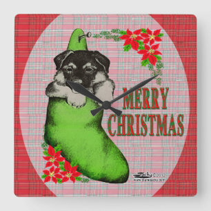 Merry Christmas Puppy Square Wall Clock