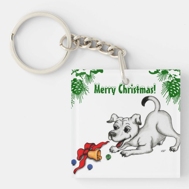 Merry Christmas! Puppy with Bell and Ball Key Ring (Front)