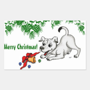 Merry Christmas! Puppy with Bell and Ball Rectangular Sticker