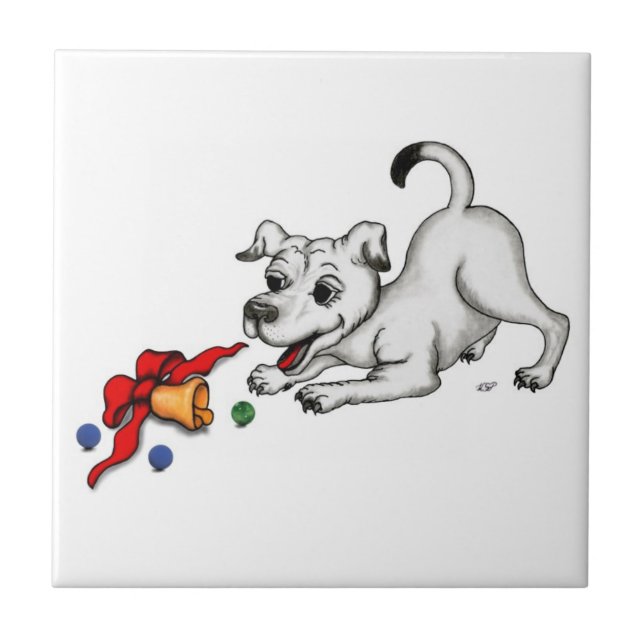 Merry Christmas! Puppy with Bell and Ball Tile (Front)