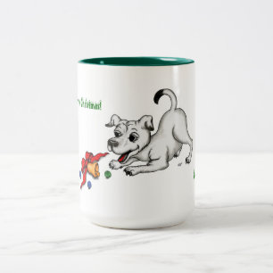 Merry Christmas! Puppy with Bell and Ball Two-Tone Coffee Mug