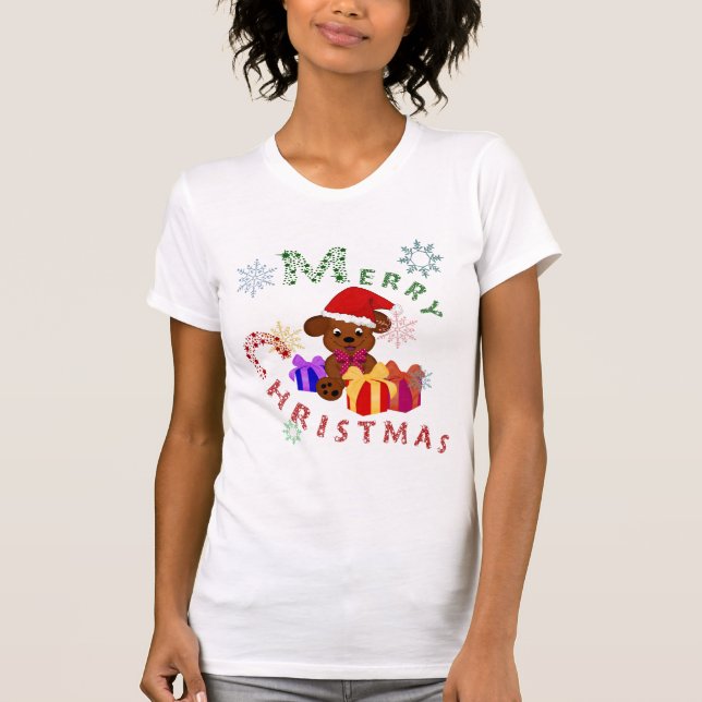 Merry Christmas Puppy Xmas Gifts and Snowflakes T-Shirt (Front)