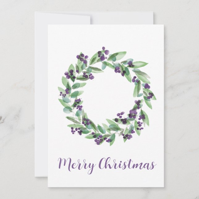 Merry Christmas, purple berrty Christmas wreath  Holiday Card (Front)