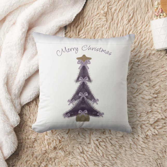Merry Christmas Purple Bows Ribbons Gold Star Tree Cushion (Blanket)