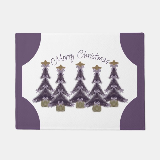 Merry Christmas Purple Bows Ribbons Gold Star Tree Doormat (Front)