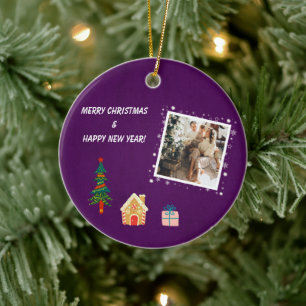 Merry Christmas Purple Family Photo  Ceramic Tree Decoration