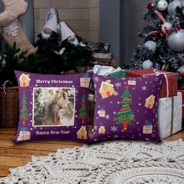Merry Christmas Purple Family Photo  Cushion (Creator Uploaded)