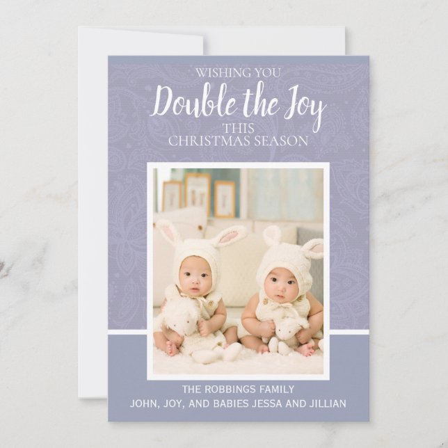 Merry Christmas Purple Paisley Lace Twin Girl Boy Holiday Card (Front)