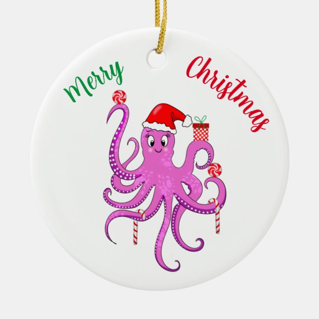 Merry Christmas Purple Santa Octopus Ceramic Tree Decoration (Front)