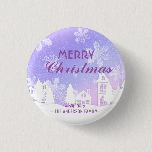 Merry Christmas Purple White House Snowflakes  3 Cm Round Badge (Front)