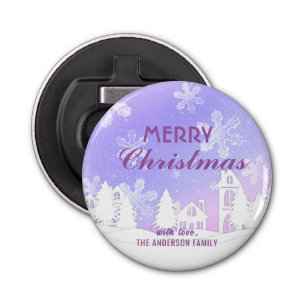 Merry Christmas Purple White House Snowflakes Bottle Opener