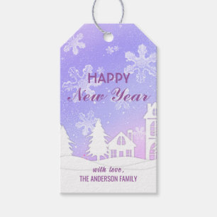 Merry Christmas Purple White House Snowflakes Gift Tags