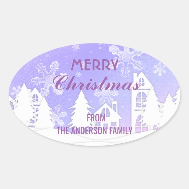 Merry Christmas Purple White House Snowflakes Oval Sticker (Front)