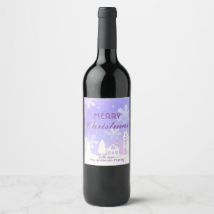 Merry Christmas Purple White House Snowflakes Wine Label
