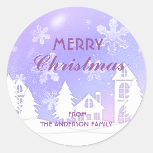 Merry Christmas Purple White Snow House  Classic Round Sticker