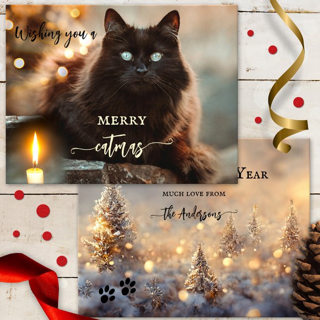 Merry Christmas Purrfect New Year Cat Card (Christmas and New Year holiday card featuring a beautiful cat with a candle and sparkling lights)