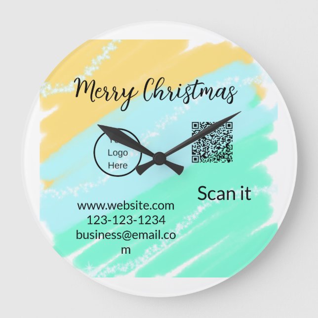 Merry Christmas QR code business yellow green wate Large Clock (Front)
