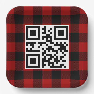 Merry Christmas QR Code On Buffalo Plaid Paper Plate