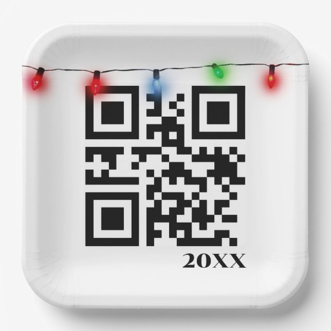 Merry Christmas QR Code With String Lights Paper Plate (Front)