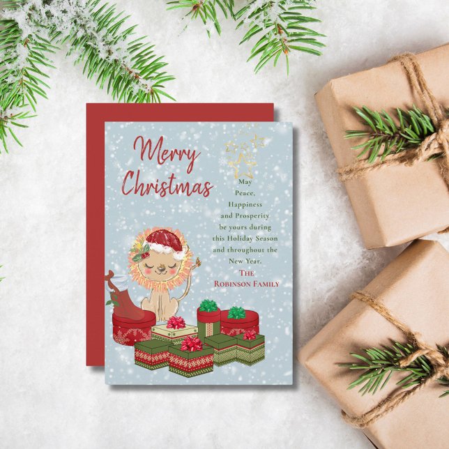 Merry Christmas Quote Cute Santa Baby Lion Red Hat Holiday Card (Creator Uploaded)
