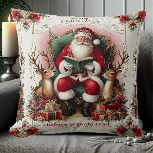 Merry Christmas Quote Santa Reading to Reindeers  Cushion