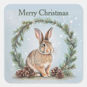 Merry Christmas Rabbit and Pine Square Sticker
