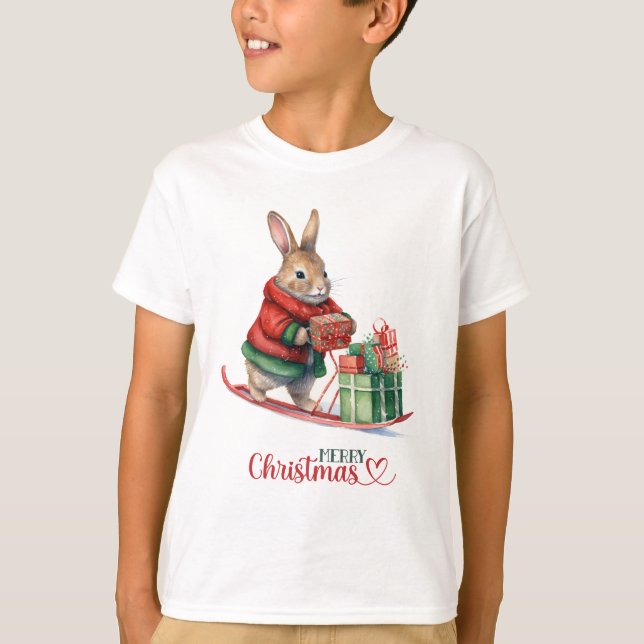 Merry Christmas Rabbit Gifts On a Sleigh T-Shirt (Front)
