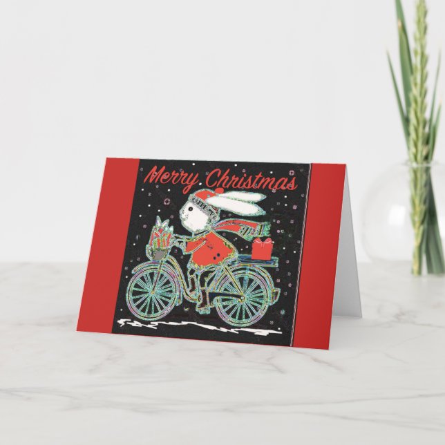 Merry Christmas Rabbit on a Bicycle - Cycling Xmas Holiday Card (Front)