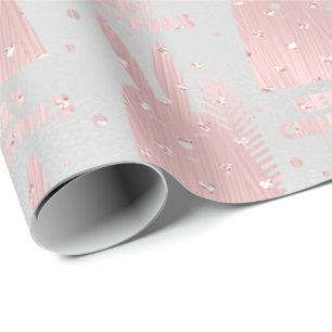 Merry Christmas Rabbit Pink Blush Hearts Silver Wrapping Paper