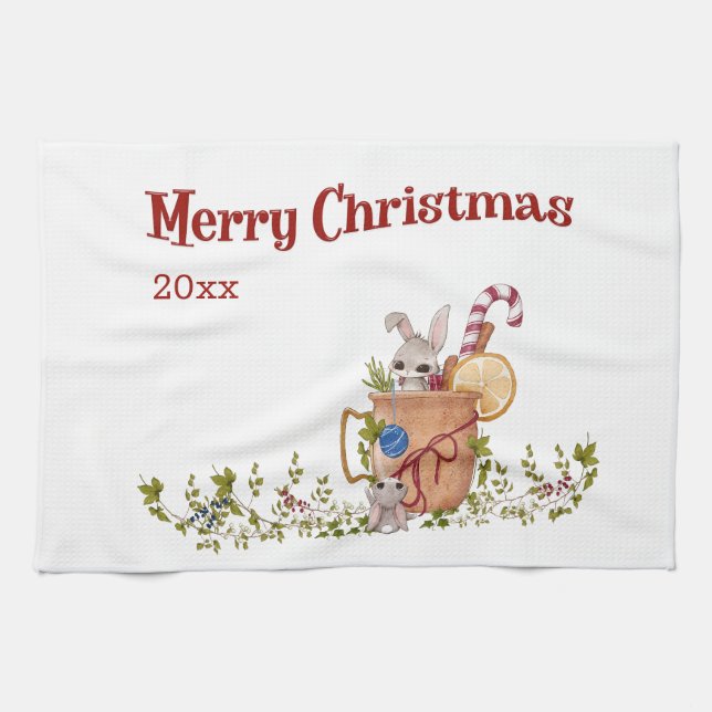 Merry Christmas Rabbit Teasing Bunny with Year Tea Towel (Horizontal)