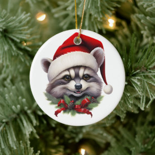 Merry Christmas Raccoon in Santa Hat Holly Berries Ceramic Tree Decoration