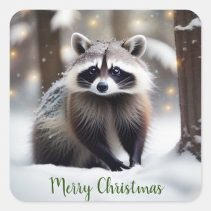 Merry Christmas Raccoon Square Sticker