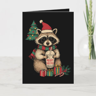 Merry Christmas Racoon Boba Tea Santa Hat Xmas Card