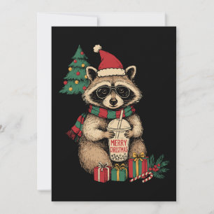 Merry Christmas Racoon Boba Tea Santa Hat Xmas Invitation