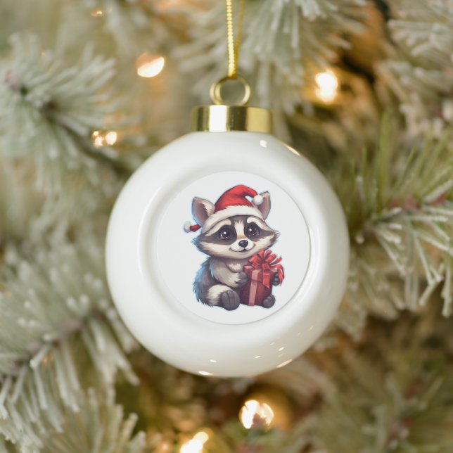Merry Christmas Racoon Ceramic Ball Christmas Ornament (Tree)