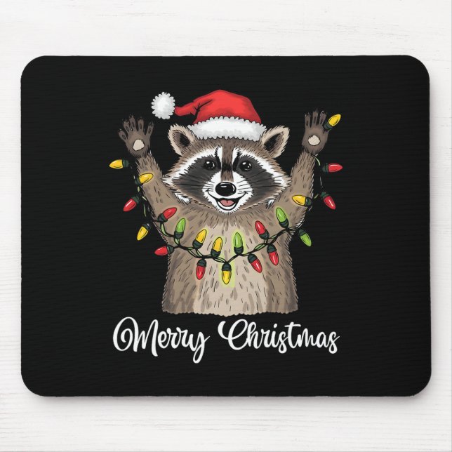 Merry Christmas Racoon Santa Hat Xmas Light Pjs M Mouse Pad (Front)