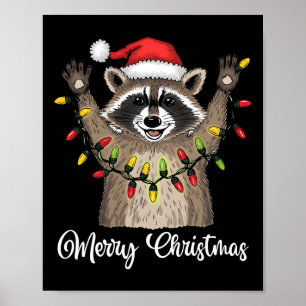 Merry Christmas Racoon Santa Hat Xmas Light Pjs M Poster