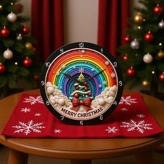 Merry Christmas Rainbow Art Large Clock (Creator Uploaded)
