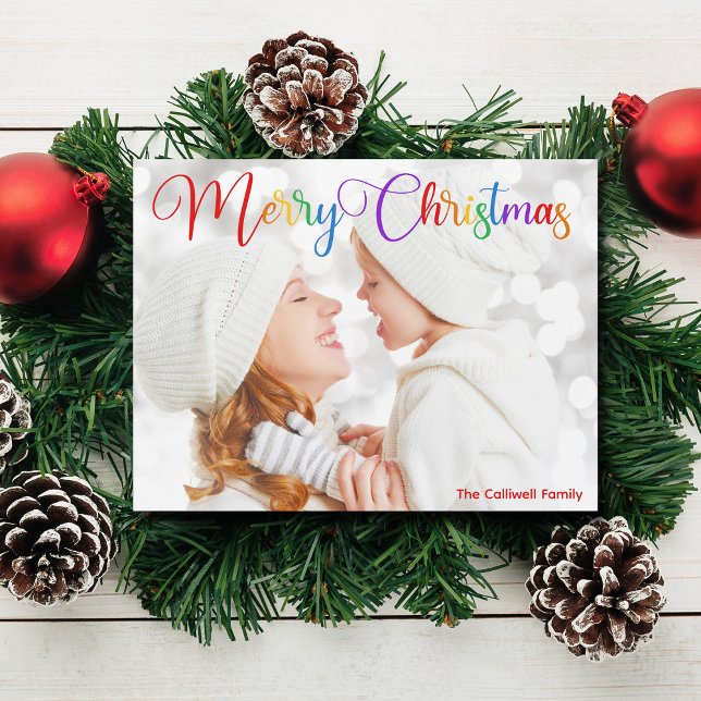 Merry Christmas Rainbow Script Family Photo Magnet (Creator Uploaded)