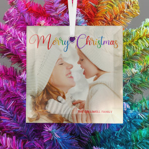 Merry Christmas Rainbow Script Family Photo Pretty Glass Tree Decoration