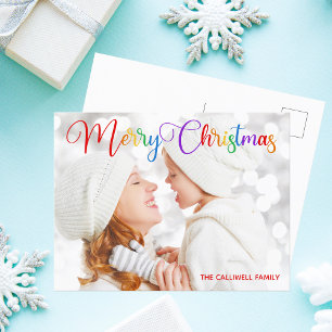 Merry Christmas Rainbow Script Family Photo Pretty Postcard