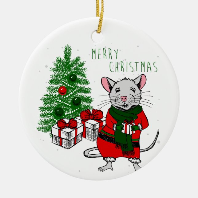 merry christmas rat ceramic tree decoration (Front)